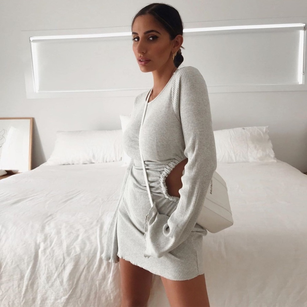 Grey Rib-Knit Cut Out Bell Sleeve Mini Dress - Picture 2 of 16